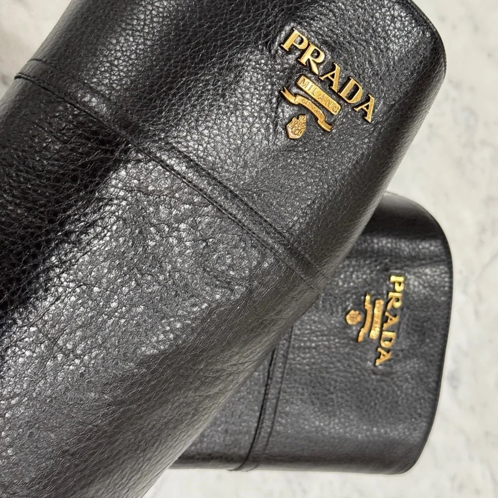 Prada Black Leather Tall Boots with Gold Logo Emblem - Picture 4 of 12